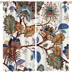 Floral Paisley Window Panel Set - Blue, Teal & Rust on Cream